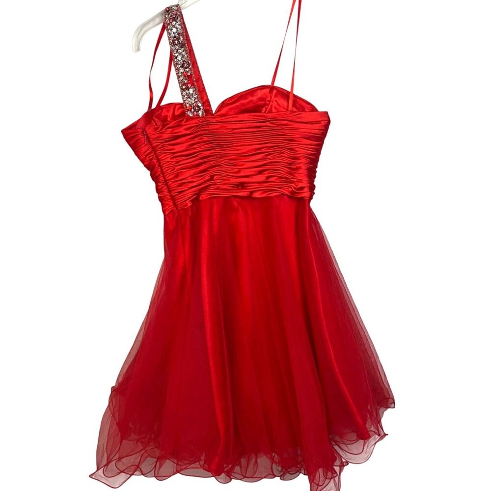 Red Satin & Tulle One-Shoulder Dress W/ Rhinestone Strap & Ruched Bodice Short S - Picture 2 of 12